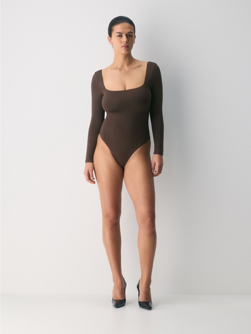 Long-Sleeve Square Neck Brown Bodysuit